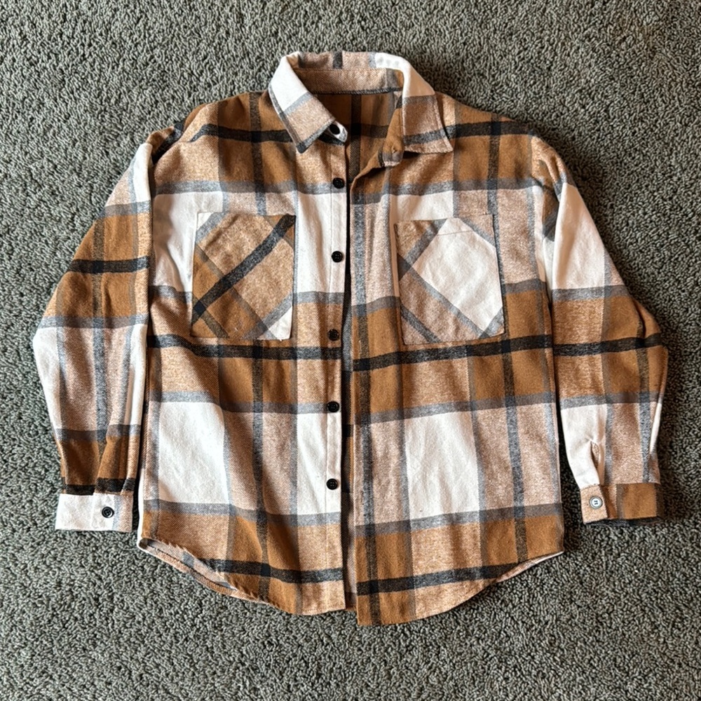 Brown and White Plaid Button-Up Shirt